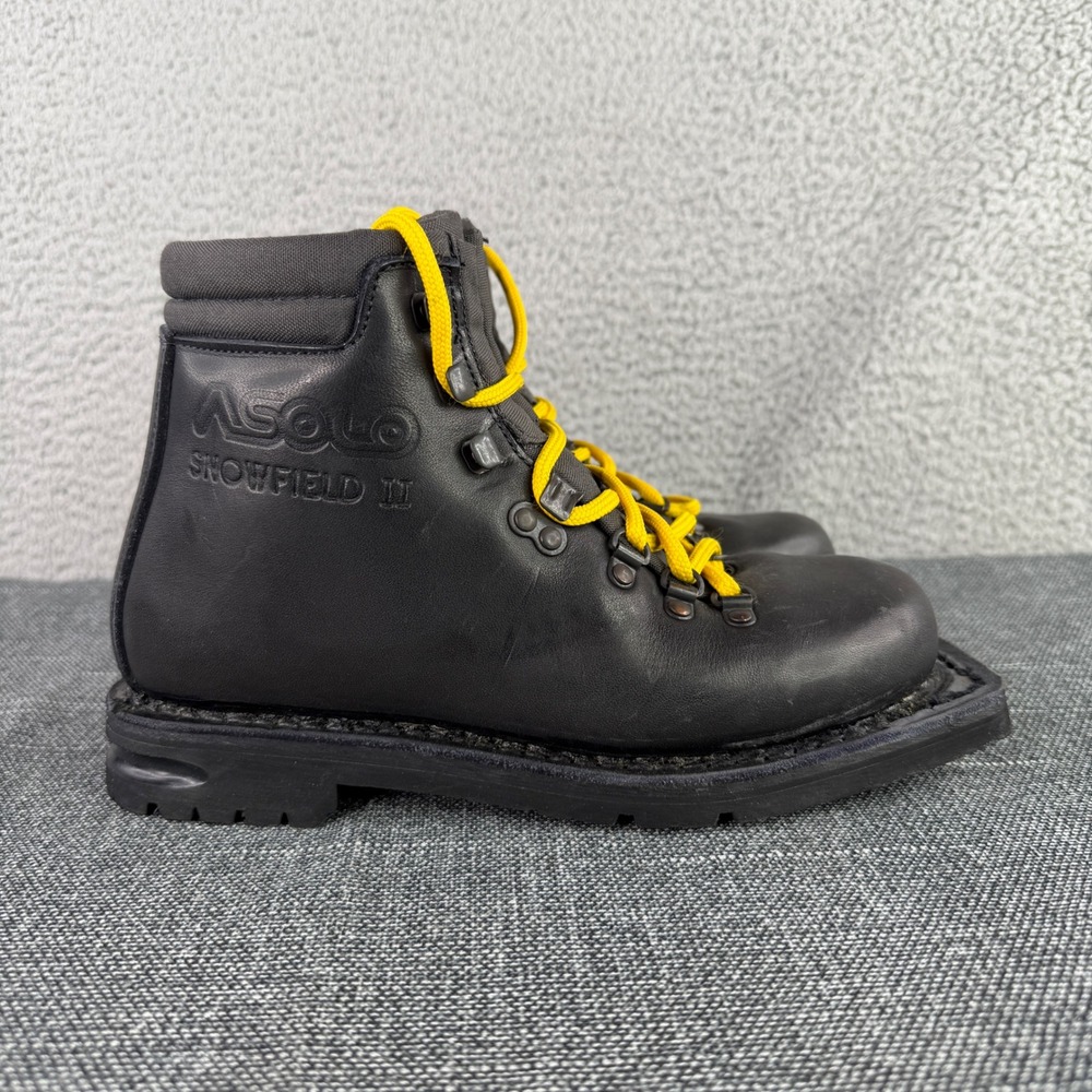 Asolo Snowfield II Ski Boots Men 6.5 Black Leather‎ 3-Pin 75mm Vibram Italy Vtg